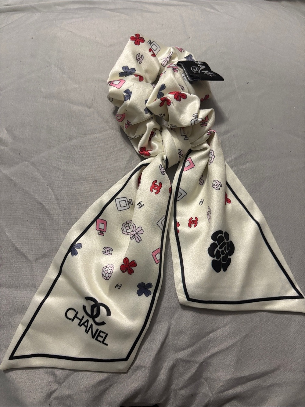 CHANEL Ivory Satin Floral Logo Scrunchie Scarf with Red and Navy Accents